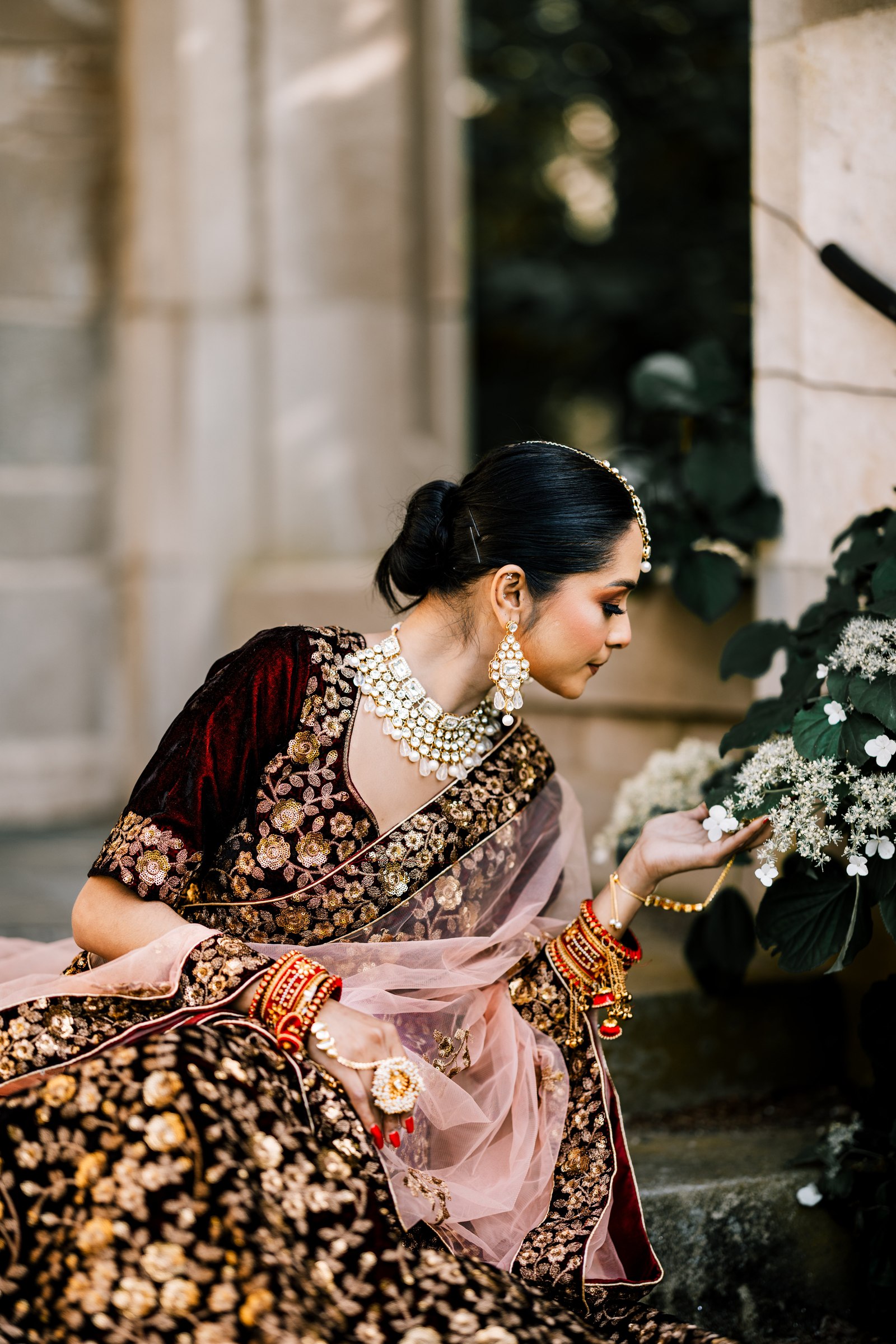 Soft floral bridal side portrait editorial